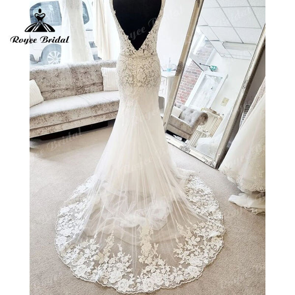 V Neck Mermaid Wedding Dresses Backless Lace Appliques Bridal Gowns Sweep  Train