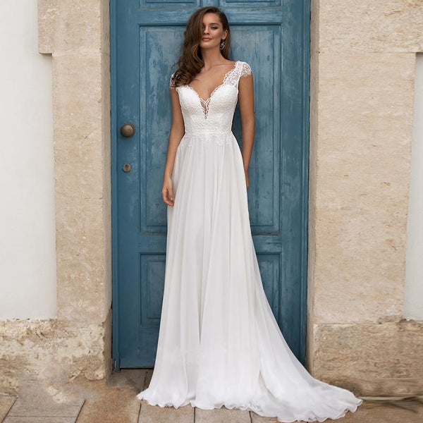 UK White Ivory Plus Size V Neck Sleeveless A Line Beach Wedding Dress Size  6-26