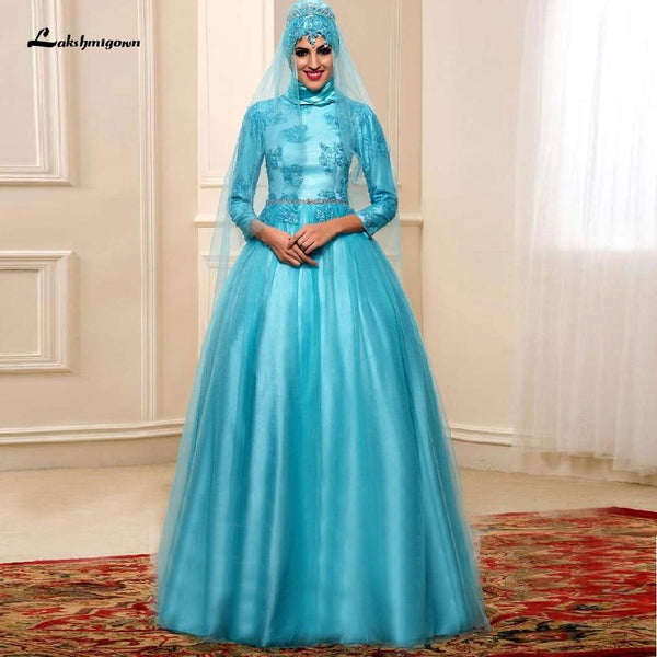 Latest Blue Muslim Hijab Wedding Dress Tulle Long Sleeve Roycebridal Official Store