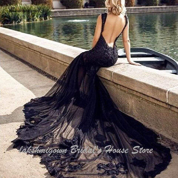 Black Lace Evening Dress Mermaid Long Sleeve Jewel Neck Mermaid