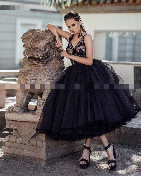 Short Tea Length Black Wedding Dresses V Neck ROYCEBRIDAL