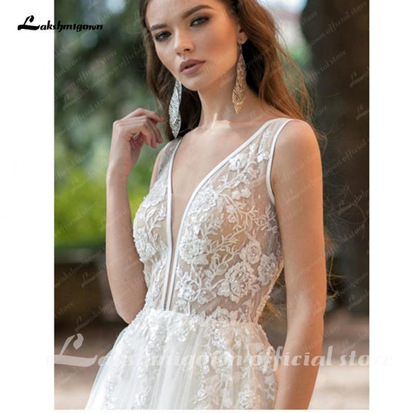 V Neck Lace Wedding Dress Applique Sleeveless Roycebridal Official Store 3864