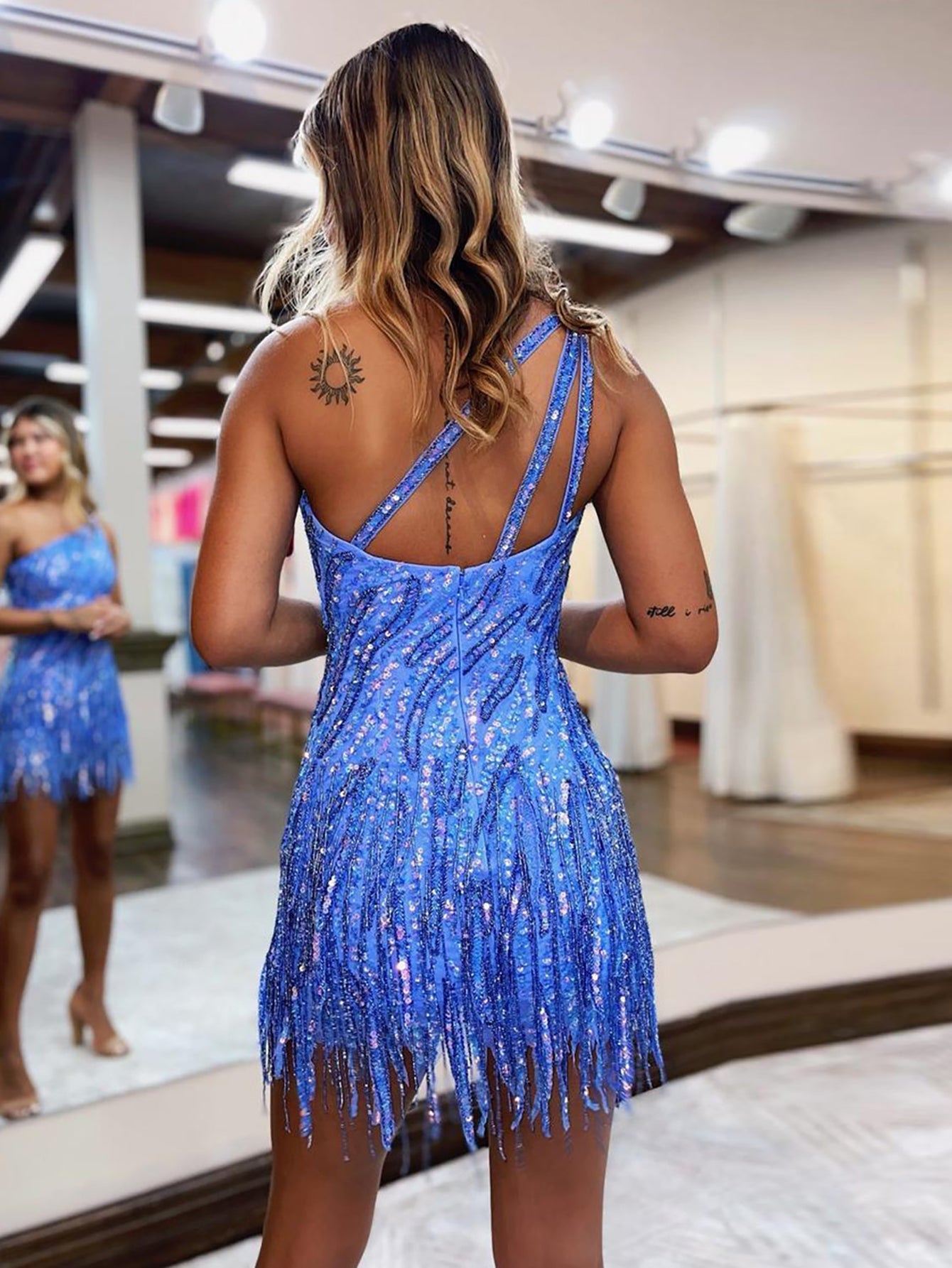 Isenia | Sparkly Blue One Shoulder Sequins Tight Short Hoco Dress with Fringes