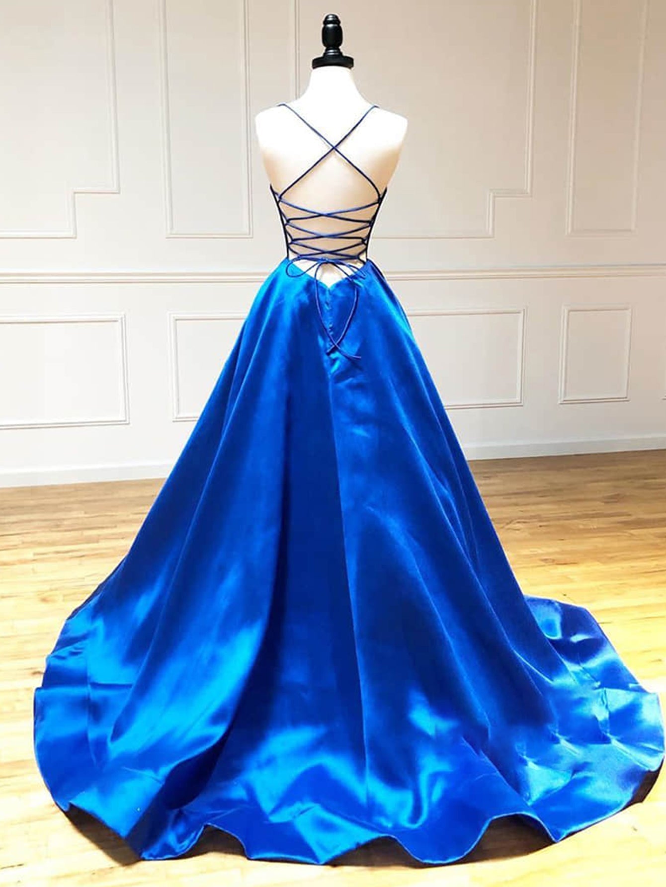 Roycebridal Royal Blue Satin A Line V Neck Long Prom Dress