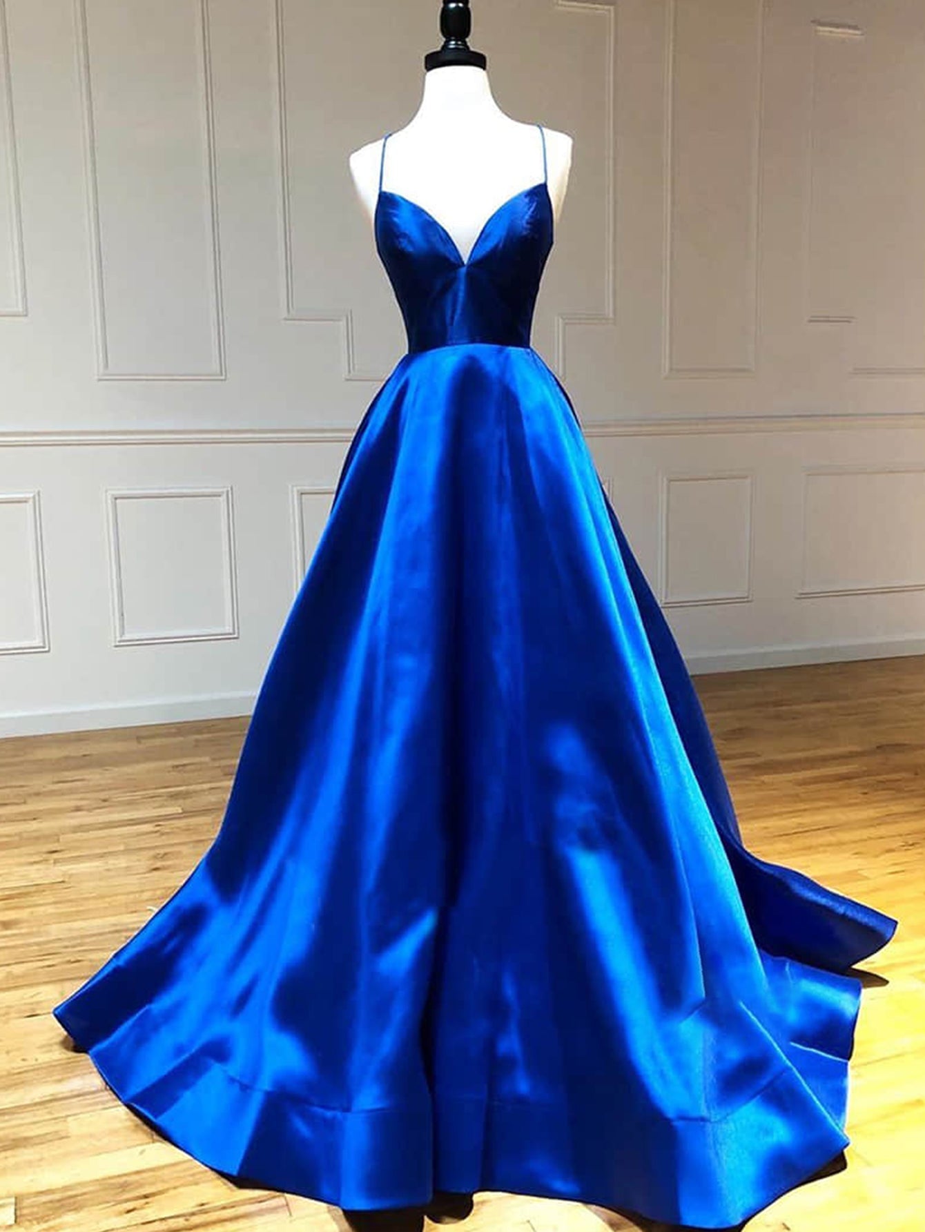 Roycebridal Royal Blue Satin A Line V Neck Long Prom Dress