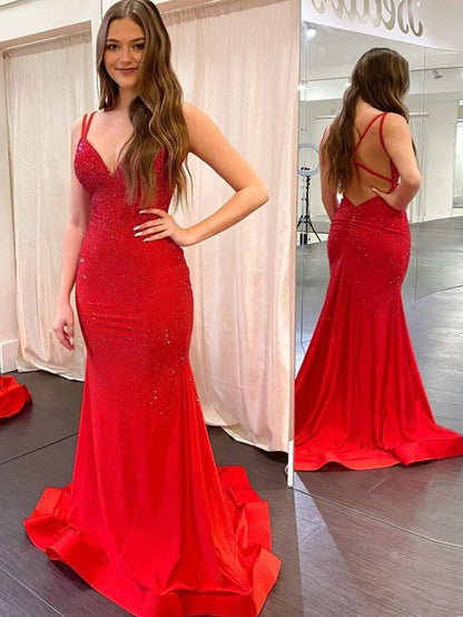 Roycebridal Marlee |Mermaid V Neck Beaded Jersey Prom Dress