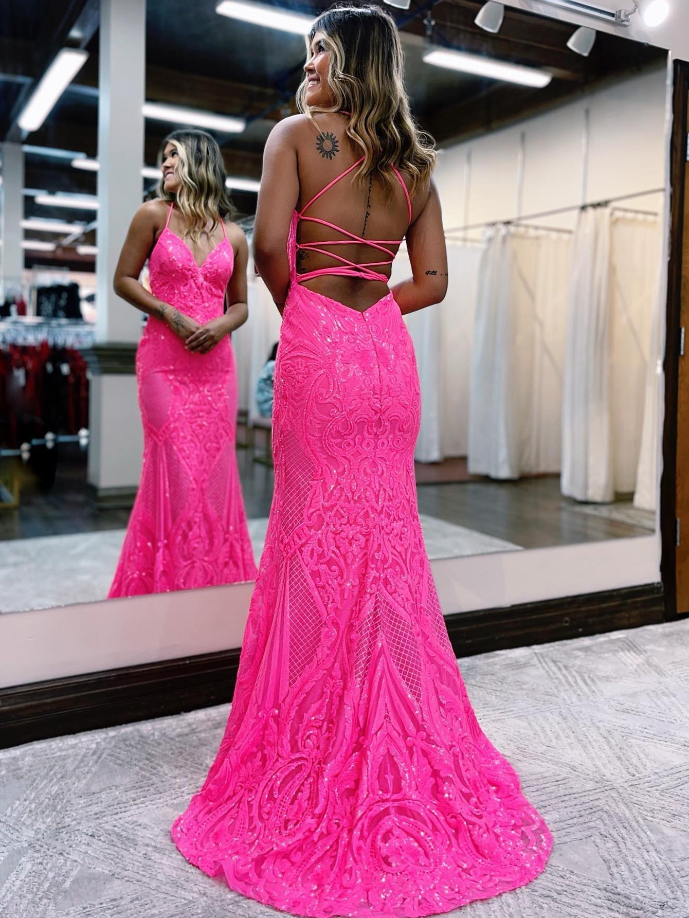 Roycebridal V Neck Pink Glitter Backless Mermaid Bodycon Long Prom Dress