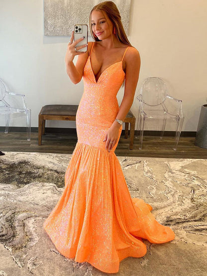 Roycebridal Amaris |Mermaid Orange V Neck Sequins Prom Dress