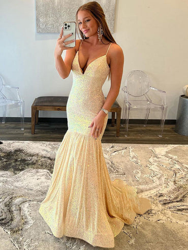 Roycebridal Amaris |Mermaid Orange V Neck Sequins Prom Dress