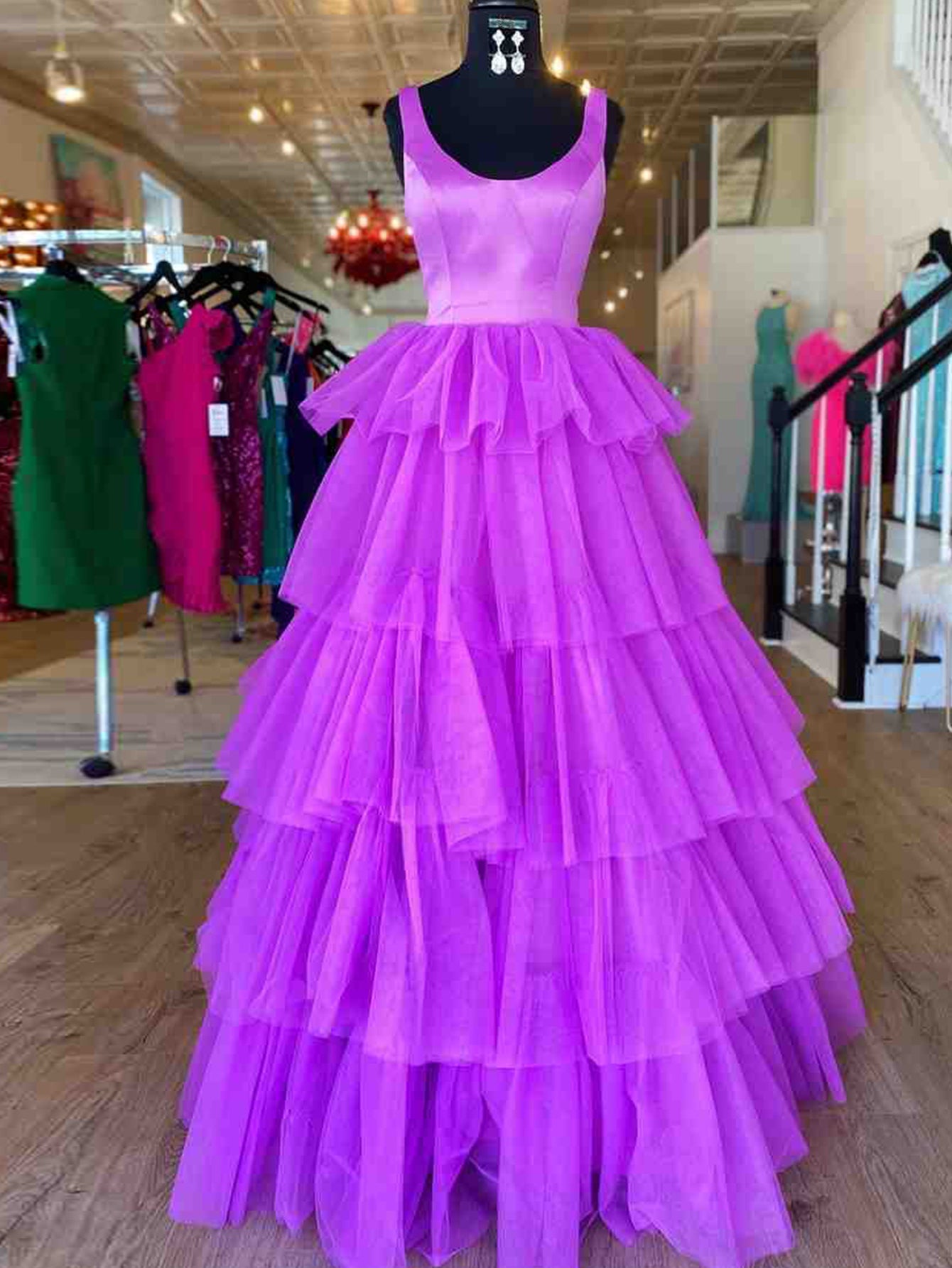 Roycebridal A Line Ruffles Purple Tulle Long Prom Dress