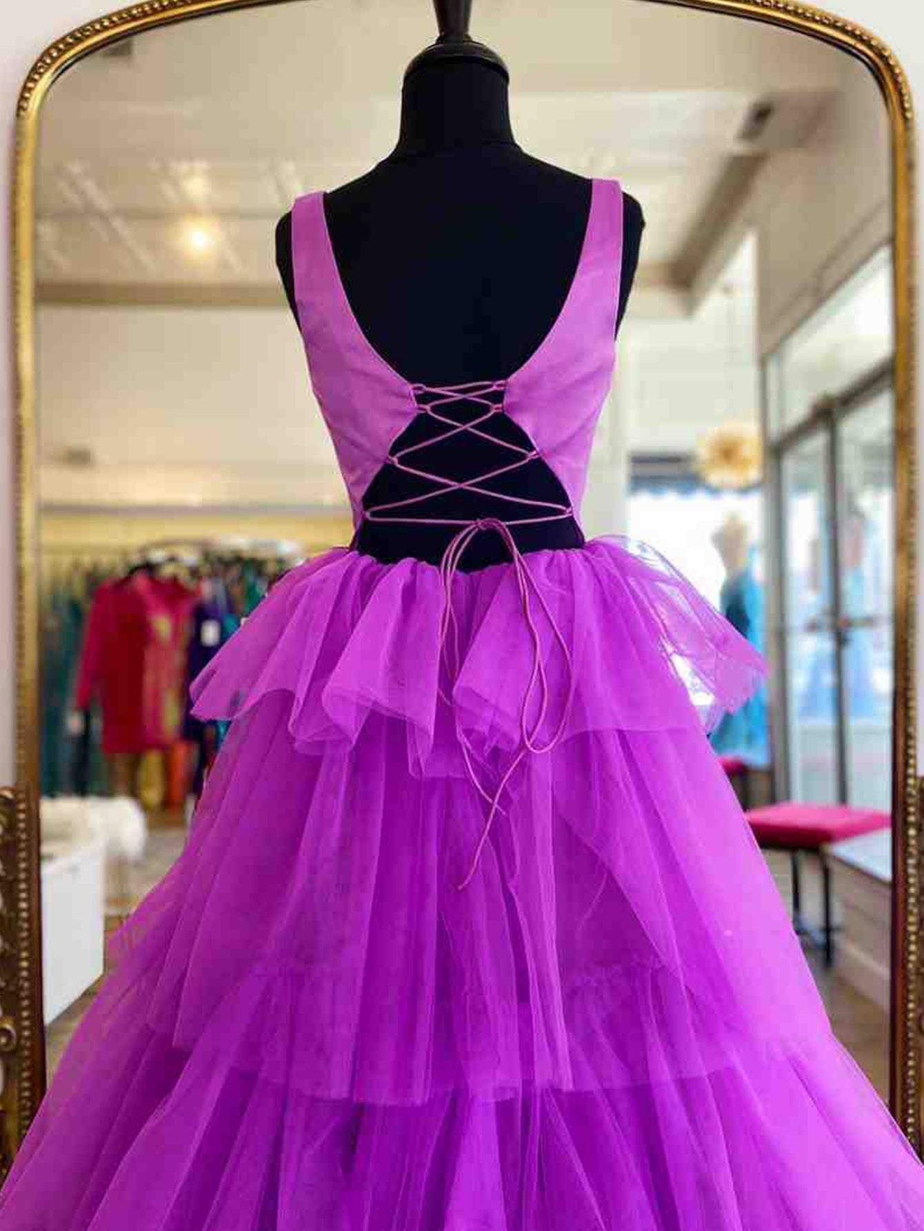 Roycebridal A Line Ruffles Purple Tulle Long Prom Dress