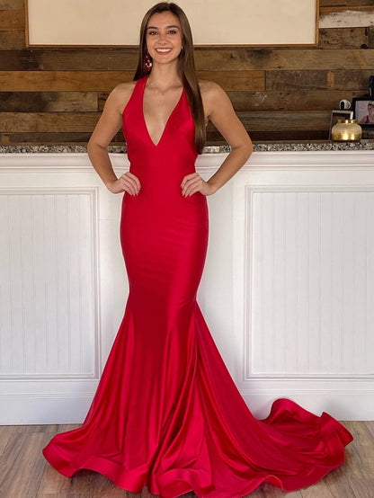 Roycebridal Halter Deep V Neck Red Long Bodycon Prom Dress