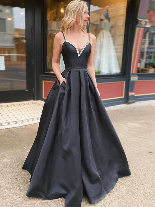 Roycebridal Leanna | A Line Black  V Neck Long Prom Dress