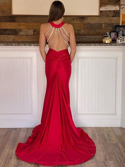 Roycebridal Halter Deep V Neck Red Long Bodycon Prom Dress