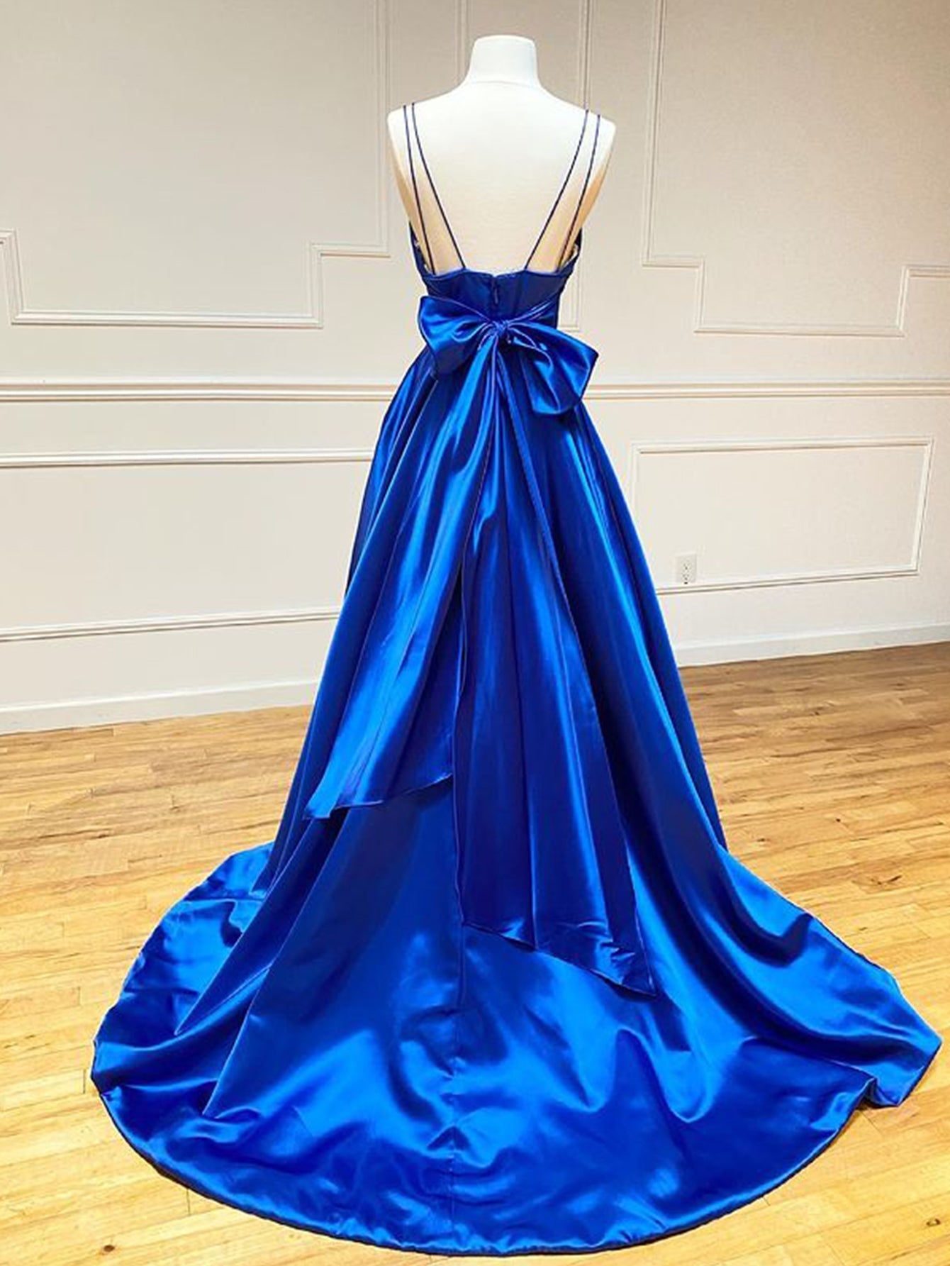 Roycebridal Royal Blue Satin A Line V Neck Long Prom Dress With Bow Tie