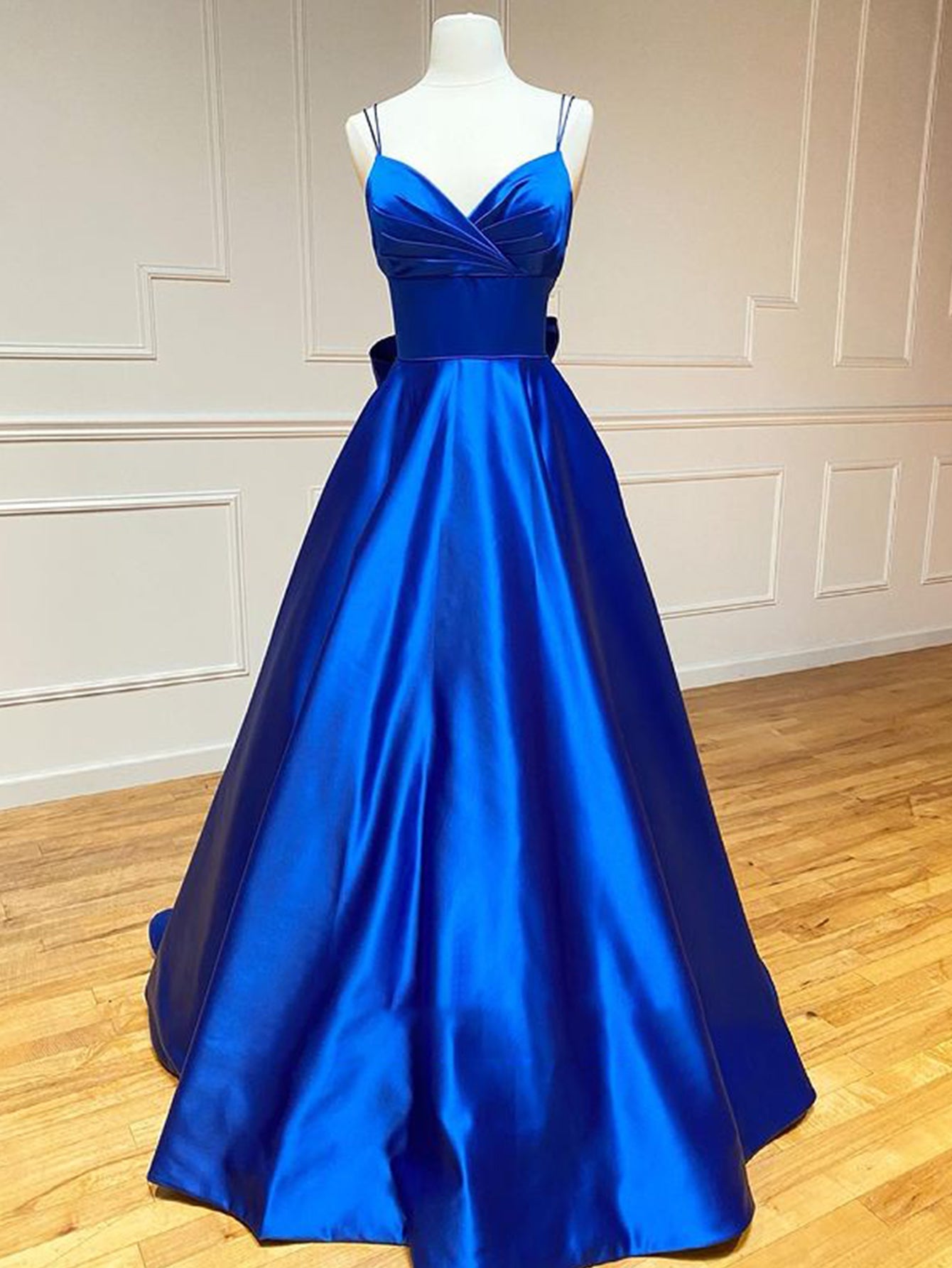 Roycebridal Royal Blue Satin A Line V Neck Long Prom Dress With Bow Tie