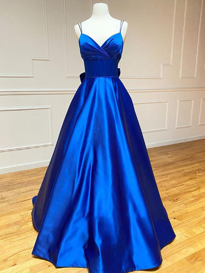 Roycebridal Royal Blue Satin A Line V Neck Long Prom Dress With Bow Tie