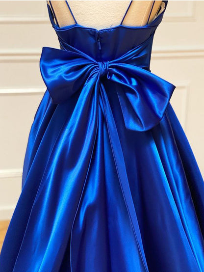 Roycebridal Royal Blue Satin A Line V Neck Long Prom Dress With Bow Tie