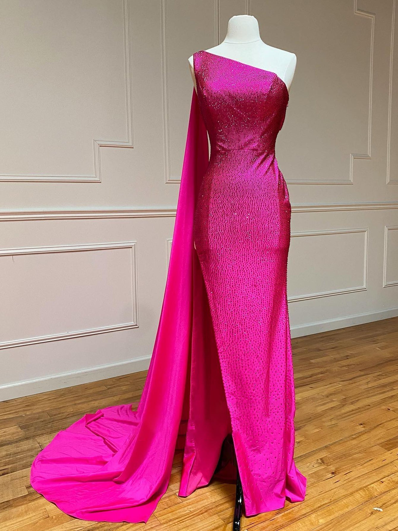 Roycebridal One Shoulder Glitter Mermaid Pink Long Prom Dress