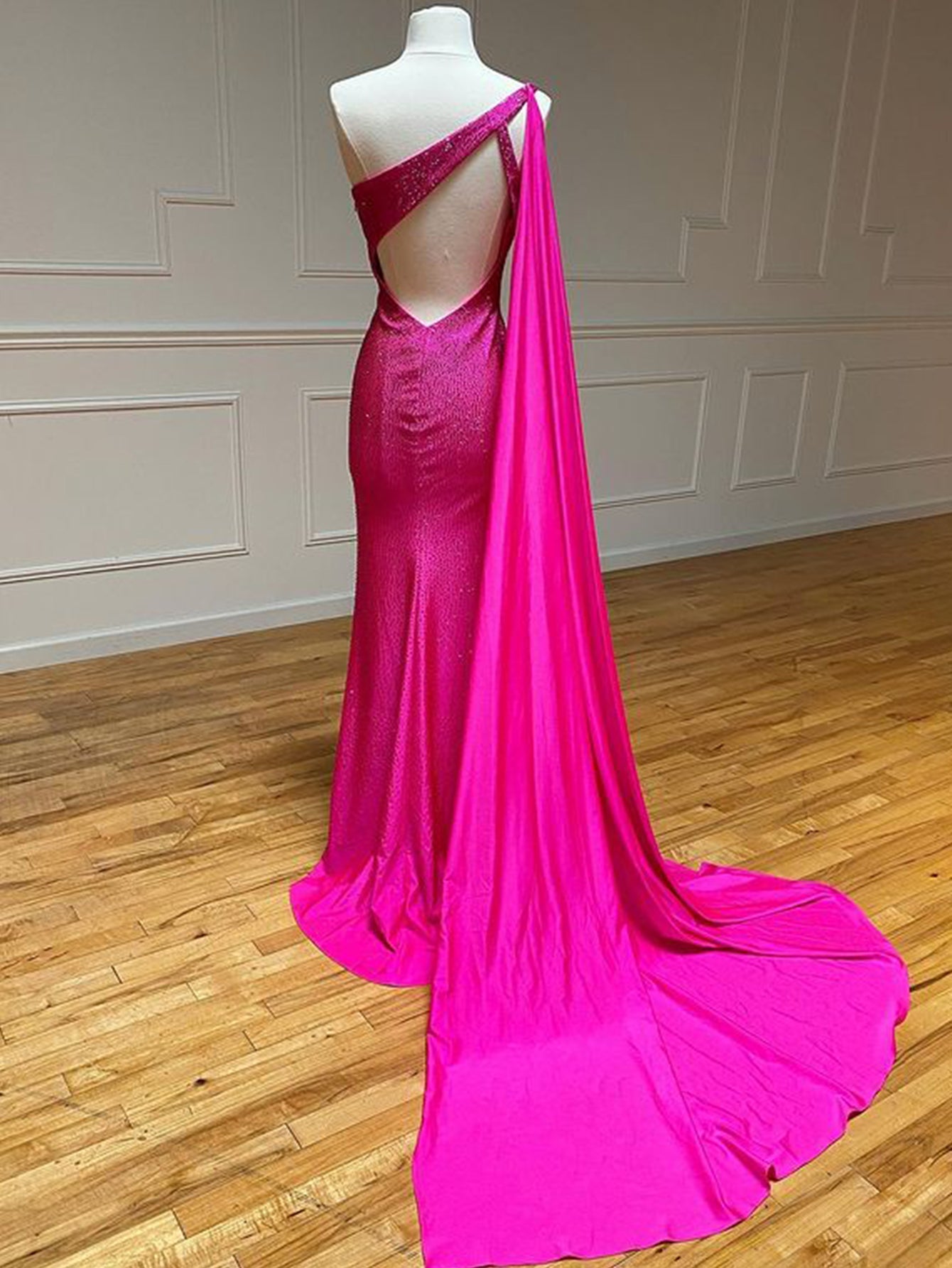 Roycebridal One Shoulder Glitter Mermaid Pink Long Prom Dress