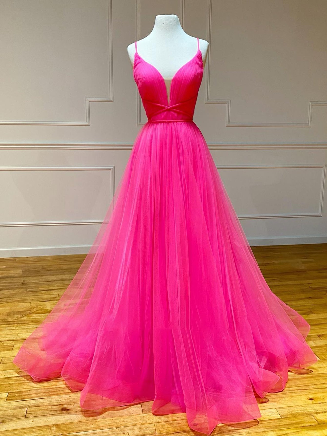 Roycebridal Pink Tulle A Line Ruffles Long Prom Dress