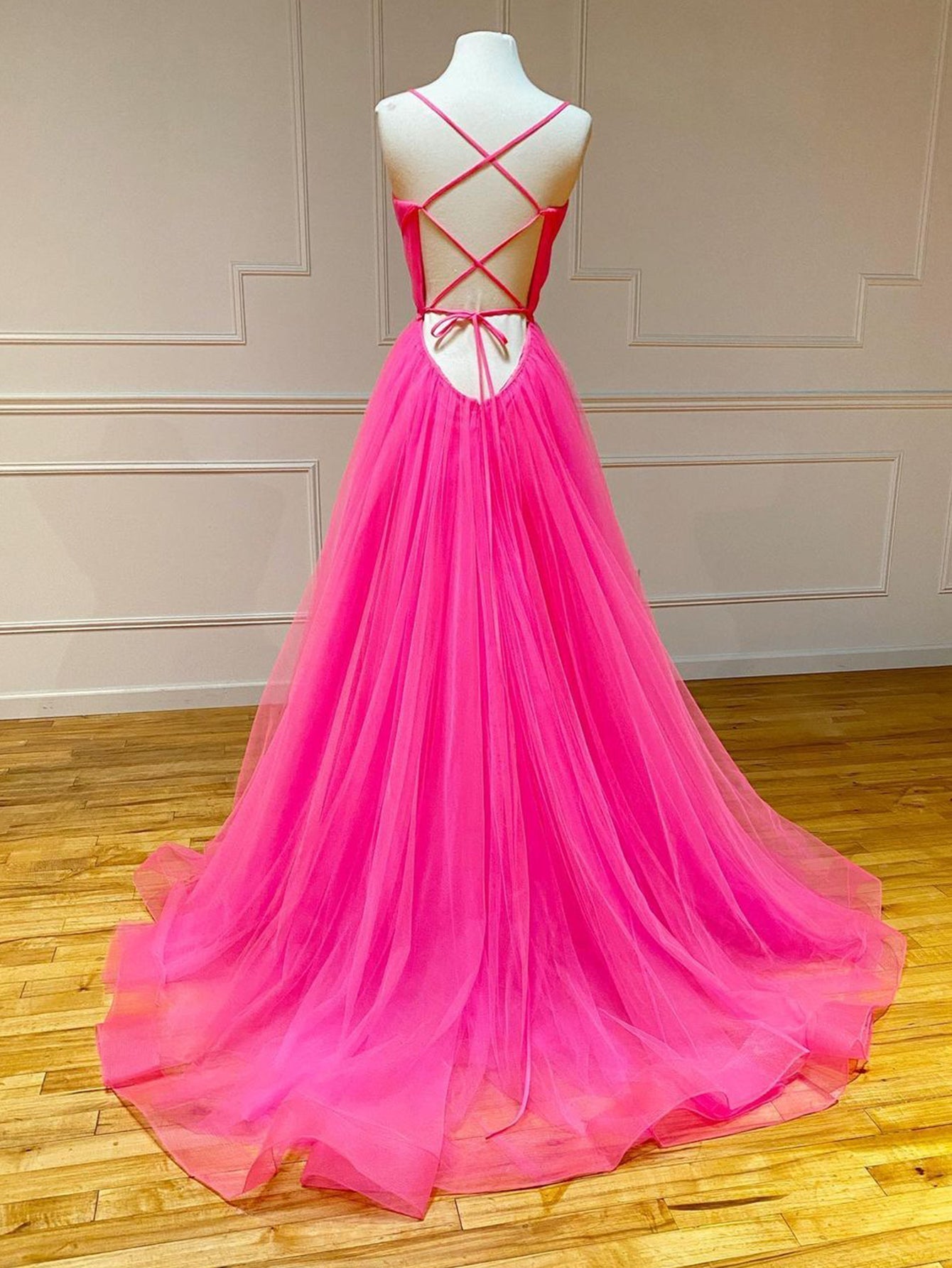 Roycebridal Pink Tulle A Line Ruffles Long Prom Dress