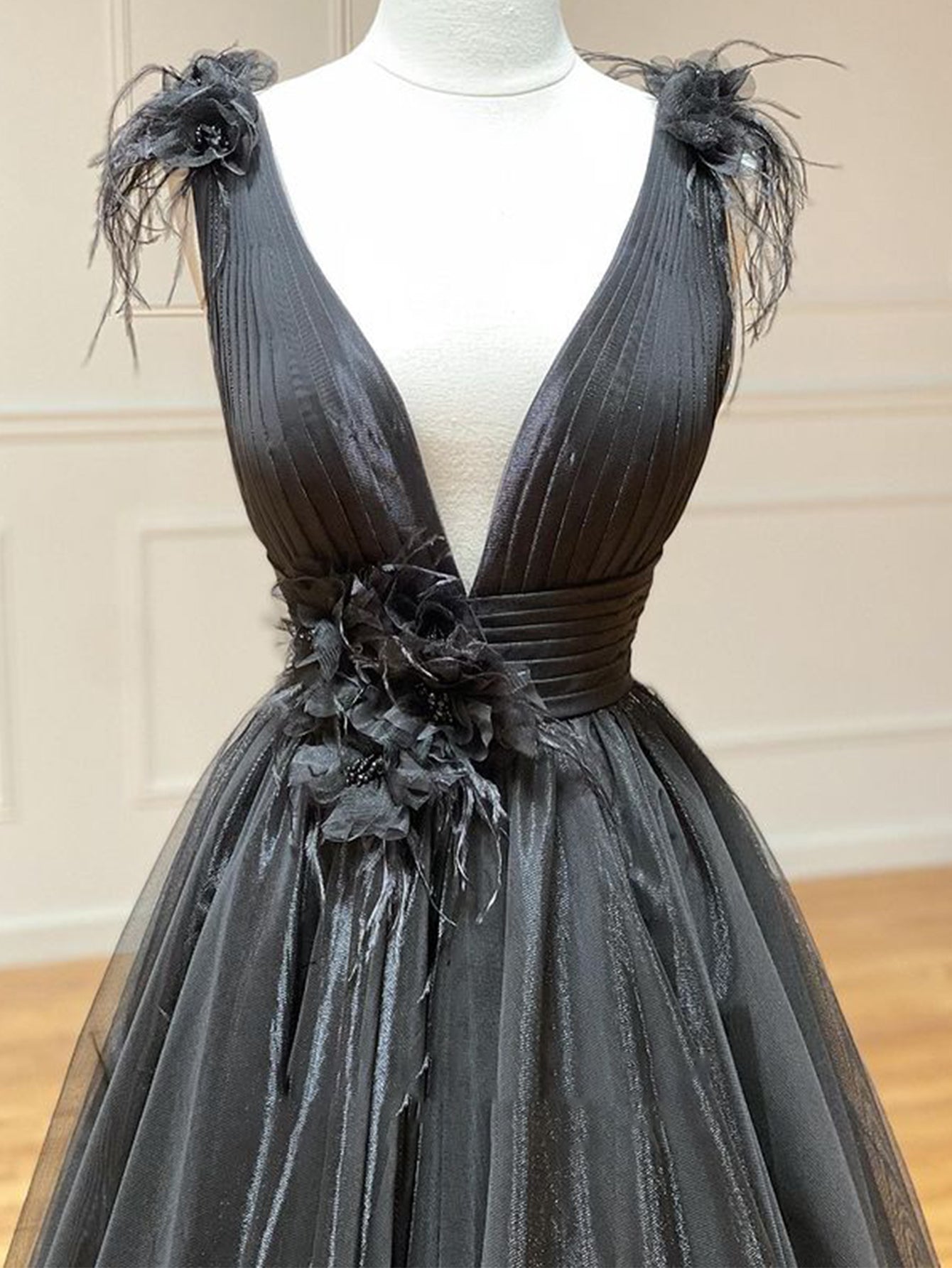 Roycebridal A Line Black V Neck Tulle Long Prom Dress