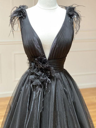 Roycebridal A Line Black V Neck Tulle Long Prom Dress