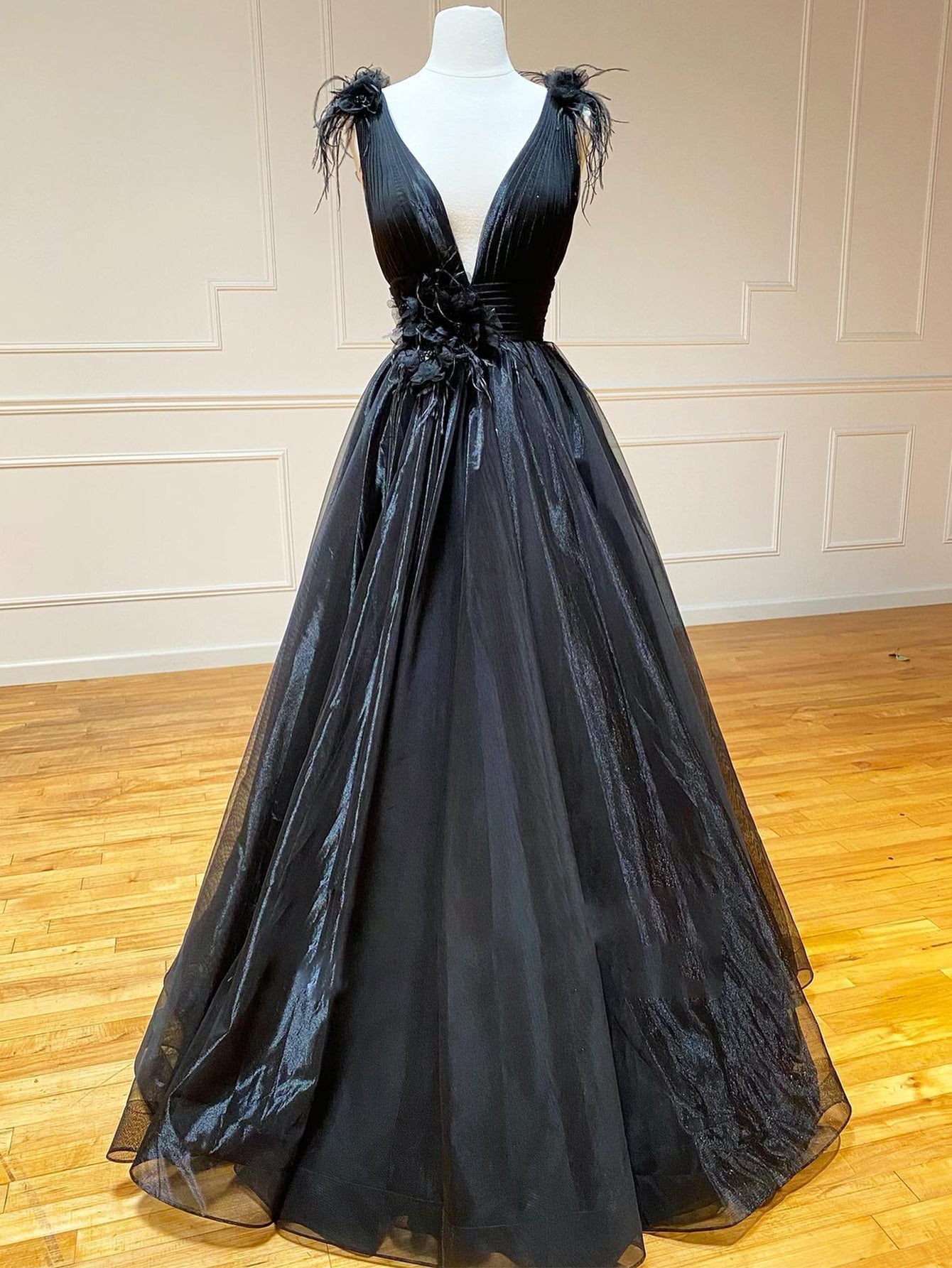 Roycebridal A Line Black V Neck Tulle Long Prom Dress