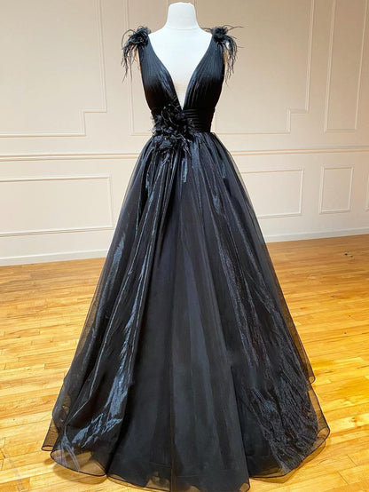 Roycebridal A Line Black V Neck Tulle Long Prom Dress