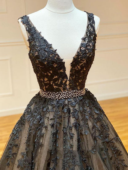 Roycebridal A Line Black V Neck Lace Long Prom Dress