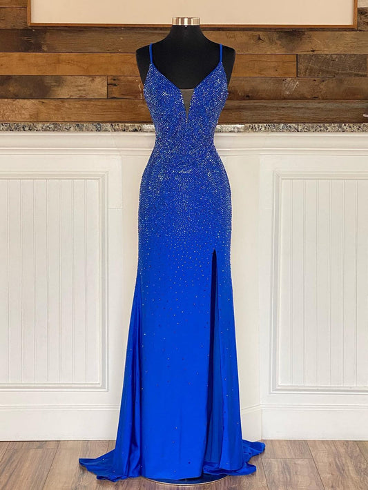 Roycebridal Janiyah |Mermaid V Neck Beaded Jersey Prom Dress with Slit