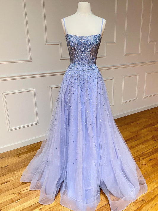 Roycebridal Light Blue Glitter Tulle Long Prom Dress