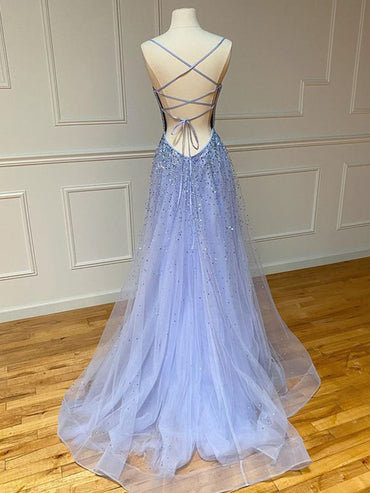 Roycebridal Light Blue Glitter Tulle Long Prom Dress