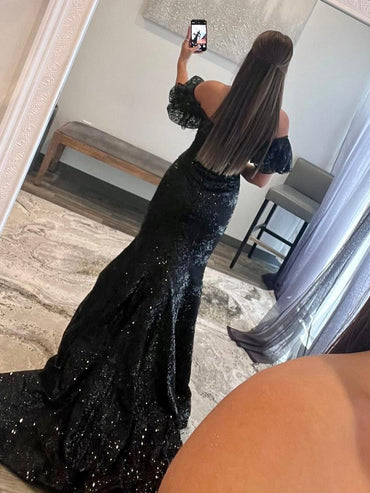 Roycebridal Black Strapless Sequins Long Mermaid Prom Dress