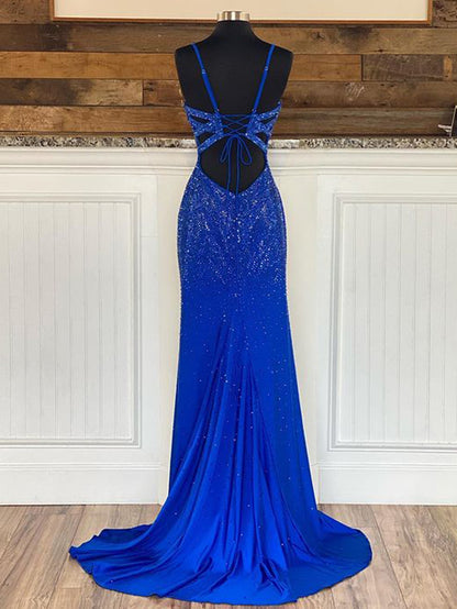 Roycebridal Janiyah |Mermaid V Neck Beaded Jersey Prom Dress with Slit