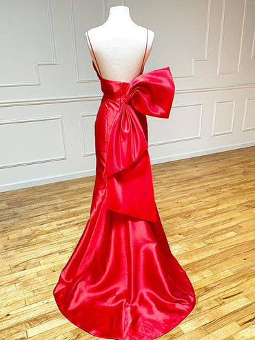 Roycebridal Red Satin Mermaid V Neck Long Prom Dress With Bow Tie