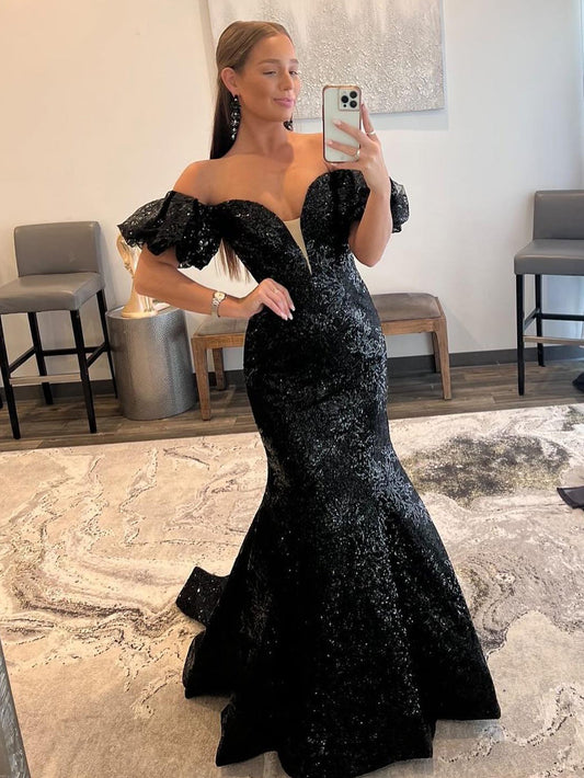 Roycebridal Black Strapless Sequins Long Mermaid Prom Dress