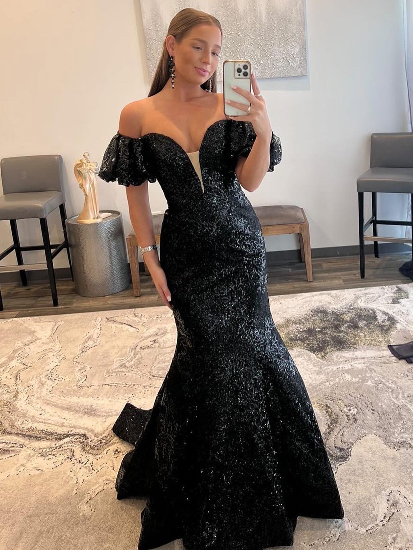 Roycebridal Black Strapless Sequins Long Mermaid Prom Dress