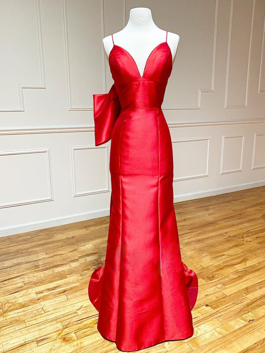 Roycebridal Red Satin Mermaid V Neck Long Prom Dress With Bow Tie