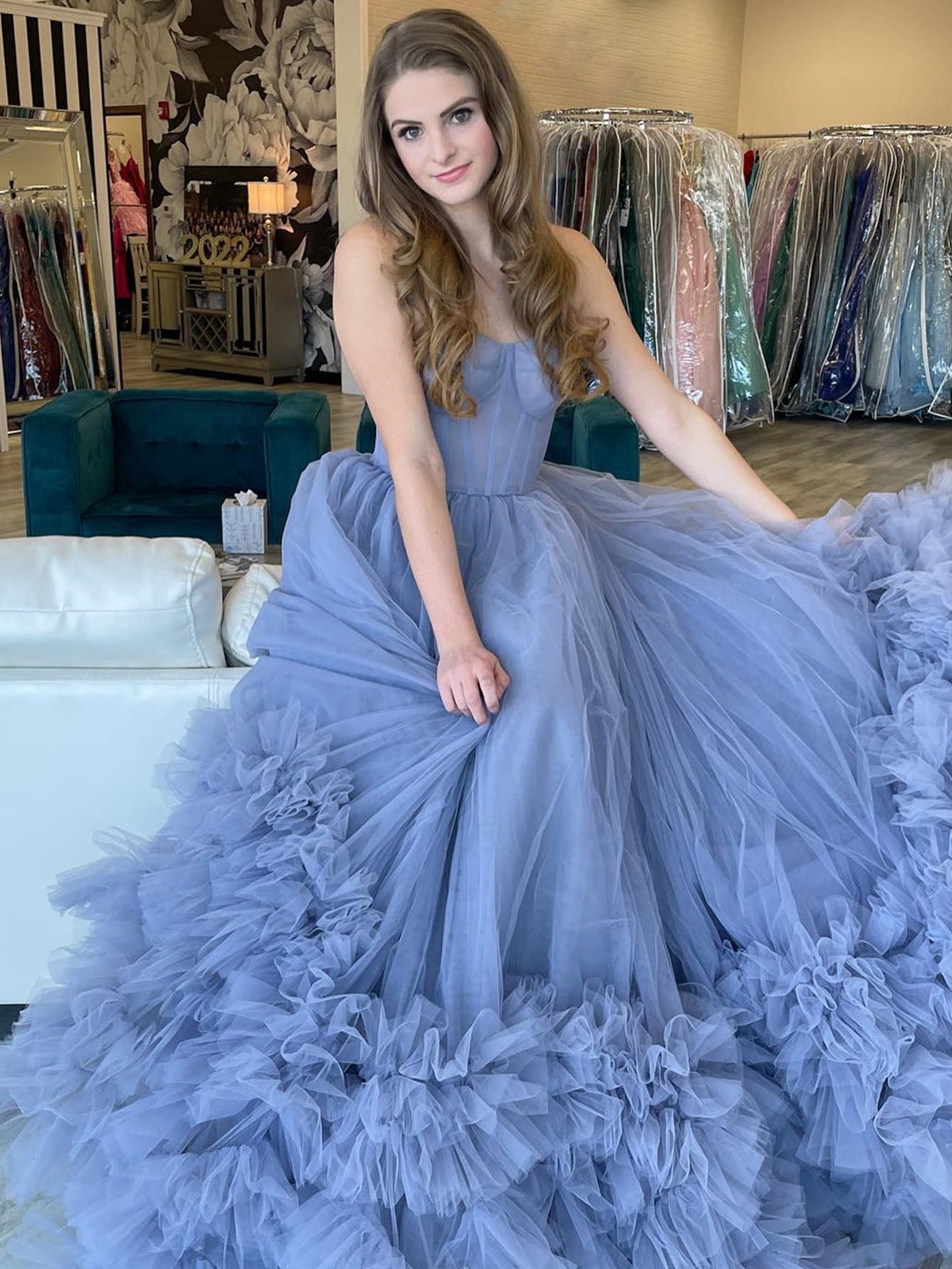 Roycebridal Strapless Blue A-Line Tiered Long Prom Dress