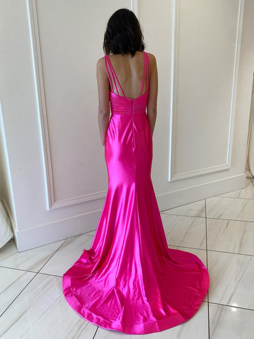 Roycebridal Backless Pink V Neck Long Prom Dress