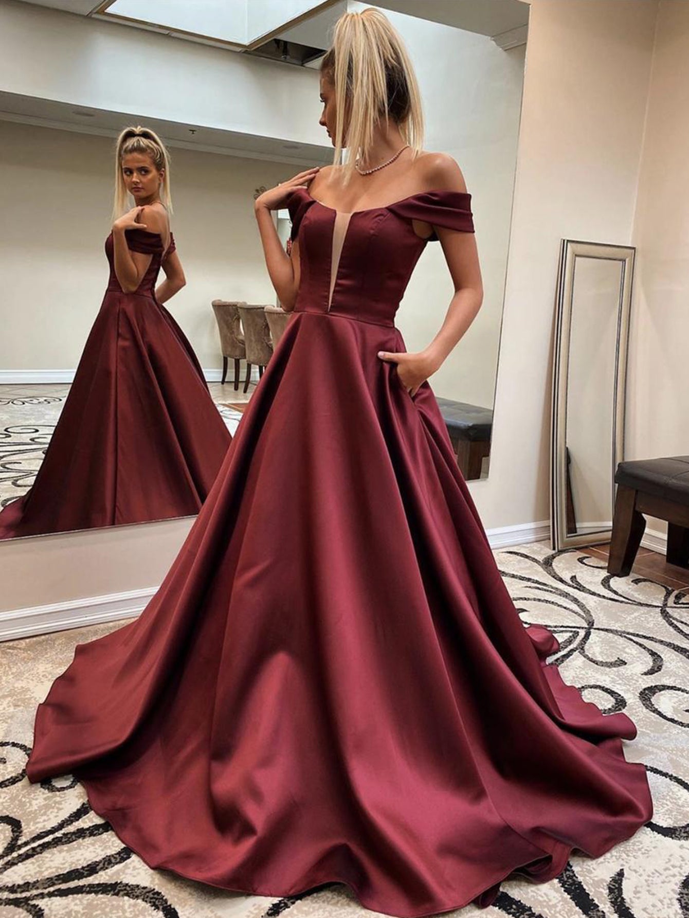 Roycebridal Dark Red A Line Off The Shoulder Long Prom Dress