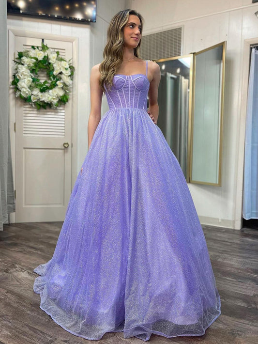 Roycebridal Julissa |A Line Glitter Tulle Prom Dress with Pockets