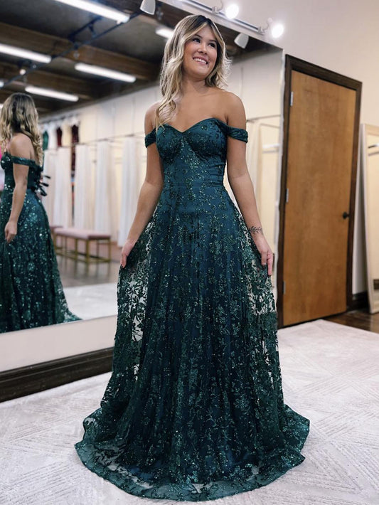 Roycebridal Glitter Mermaid Off The Shoulder Dark Green Long Prom Dress