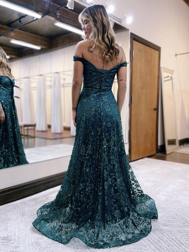 Roycebridal Glitter Mermaid Off The Shoulder Dark Green Long Prom Dress