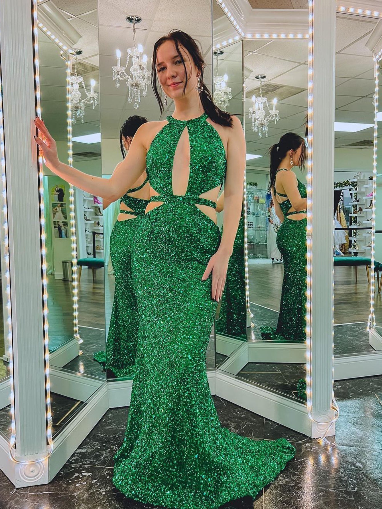 Roycebridal Cutout Mermaid Green Backless Long Prom Dress