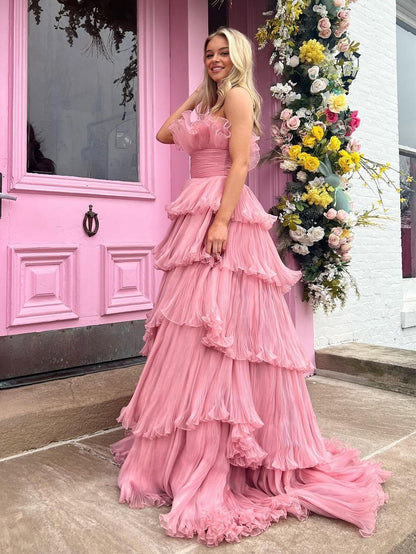 Roycebridal Vanessa |Pink Strapless A-Line Tiered Crinkled Tulle Prom Dress