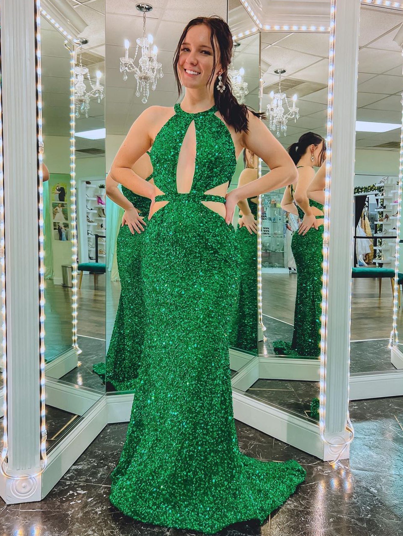 Roycebridal Cutout Mermaid Green Backless Long Prom Dress