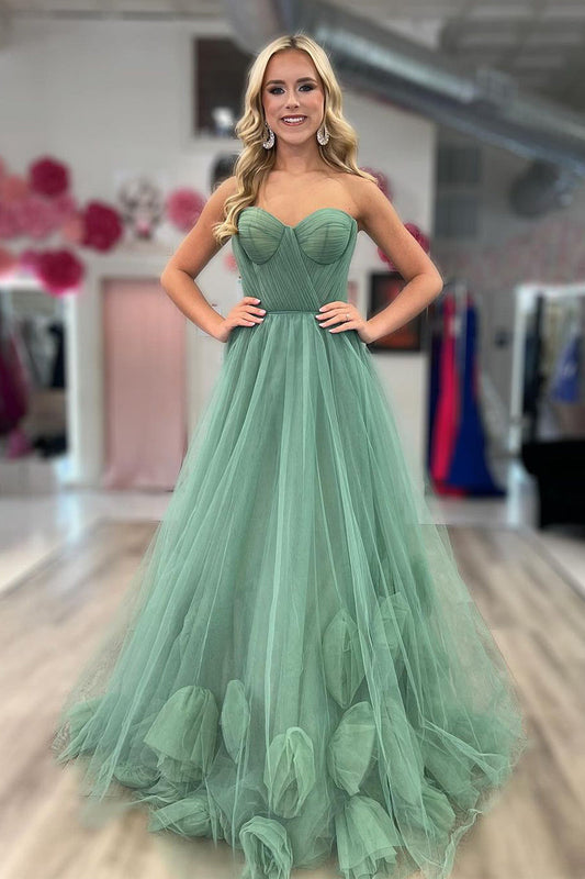 Roycebridal Green Strapless A-Line Tulle Long Prom Dresses